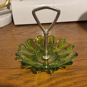 Green Glass Trinket Dish with Silver Handle